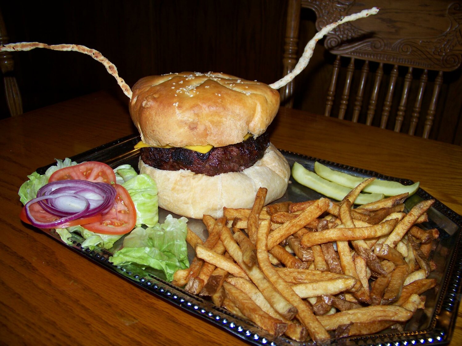 The Old Schoolhouse's infamous Texas Longhorn burger.